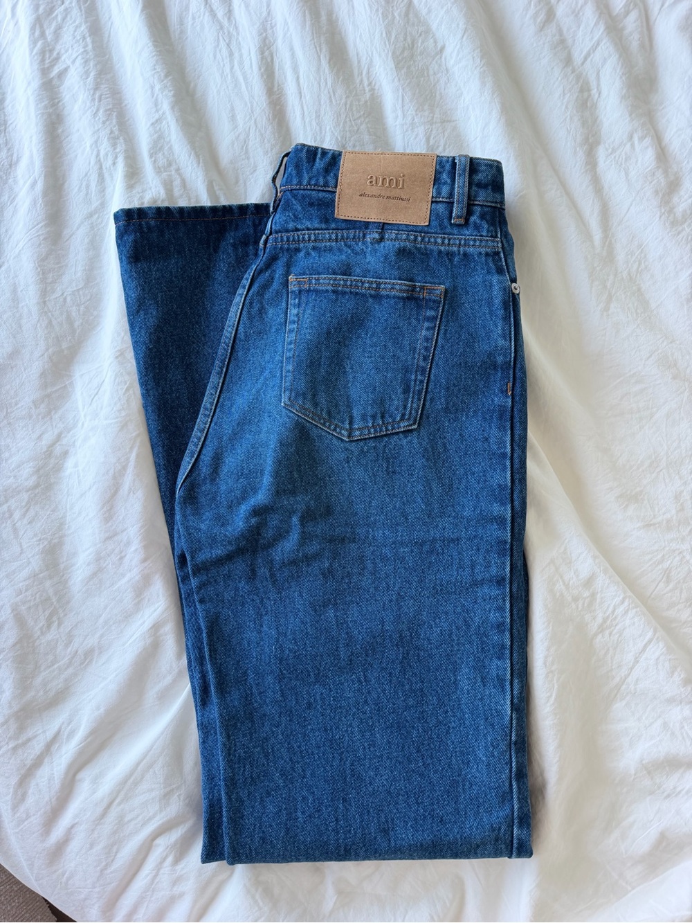 Ami High-Rise Flare Jeans — Dark Blue with Leather Patch